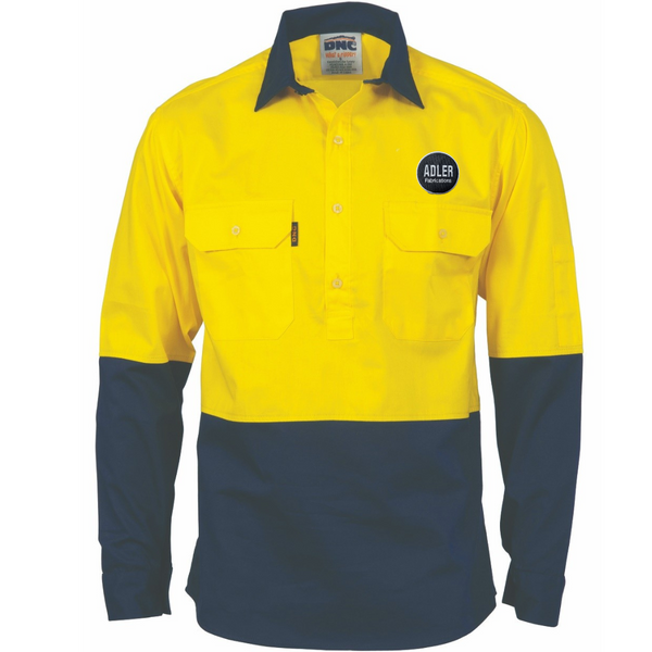 3934 HiVis 2 Tone Cool-Breeze Close Front Cotton LS Shirt….Emb Adler Fabrications Logo L/C….DNC/Emb