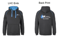 3CFHJB's Adults Contrast Fleecy Hoodie…..with Emb AK Plumbing L/C & Printed AK Plumbing Logo on Back….JBs/Emb/BJM