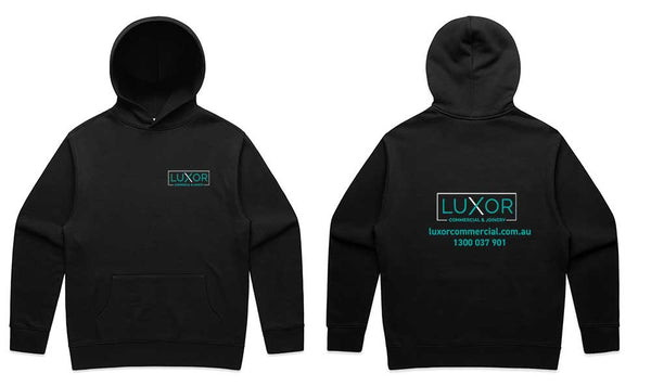 Mens Relax Hood....Embroidered Luxor Logo L/C and 2 col Print Back Back....AS/Emb/DMH