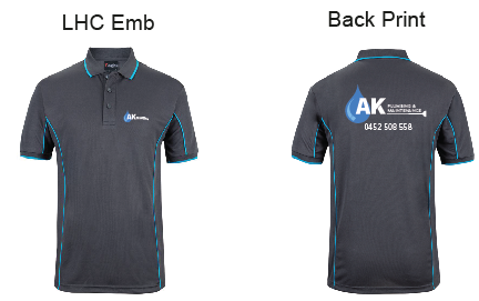 7PIP Podium S/S Piping Polo…..with Emb AK Plumbing L/C & Printed AK Plumbing Logo on Back….JBs/Emb/BJM