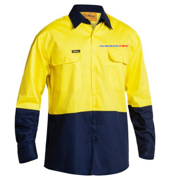 BS6267 Hi Vis Drill Shirt Y/N…with L/C Emb Ausmech Fire Logo & R/C Name…Bis/Emb