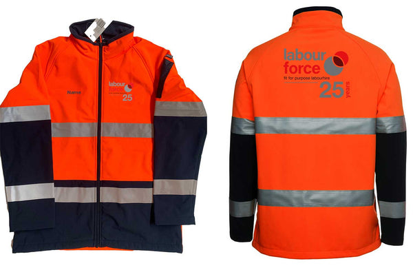 Hi Vis |D+N| Softshell Jacket....Embroidered LabourForce 25yr Logo L/C, Name R/C and Labourforce 25yr Back....JB/Emb