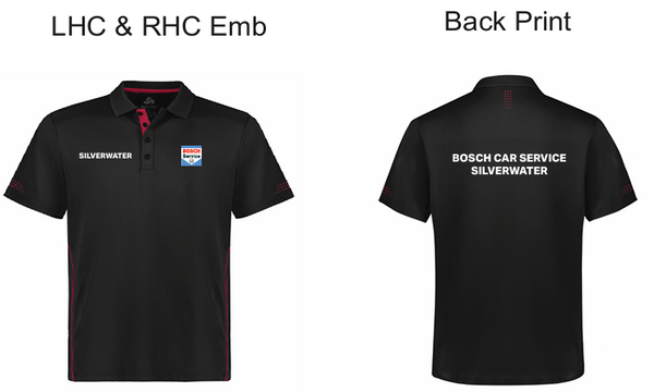 P200MS Mens Balance Short Sleeve Polo….with Emb BOSCH Logo L/C, Emb SILVERWATER text R/C & Back Print “Bosch Car Service Silverwater”…..FB/Emb/BJM
