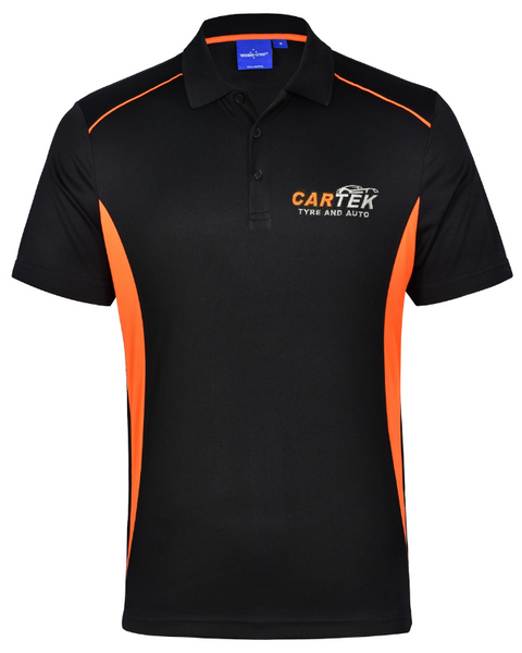 PS79 Polo Black/Orange Polo…Emb Cartek Logo L/C & Back….Shi/JSE