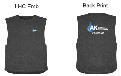 ZH137 Mens Streetworx Sleeveless Tee…..with Emb AK Plumbing L/C & Printed AK Plumbing Logo on Back….Syz/Emb/BJM