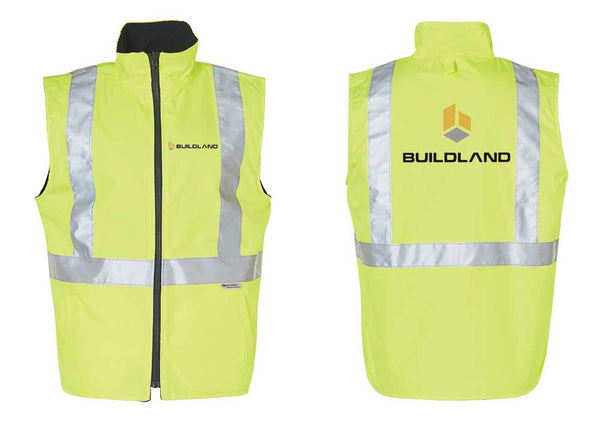 HI-VIS REVERSIBLE SAFETY VEST....Embroidered Buildland Logo L/C and 3 Col Buildland Print Back....Shi/Emb/DMH