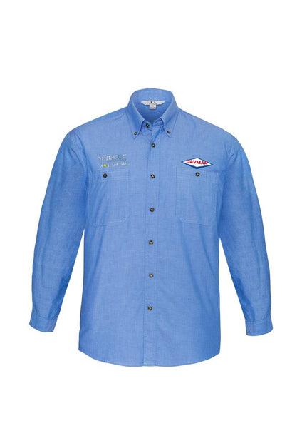 Mens Wrinkle Free Chambray Long Sleeve Shirt....Embriodered Davmar Logo L/C, Supacon Logo R/C Solashade Logo below Supacon....FB/Emb